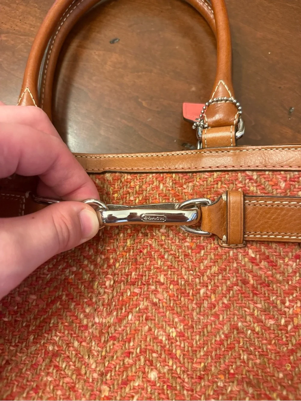 Coach Red Tweed and Brown Leather Top-Handle Satchel - Picture 5 of 15